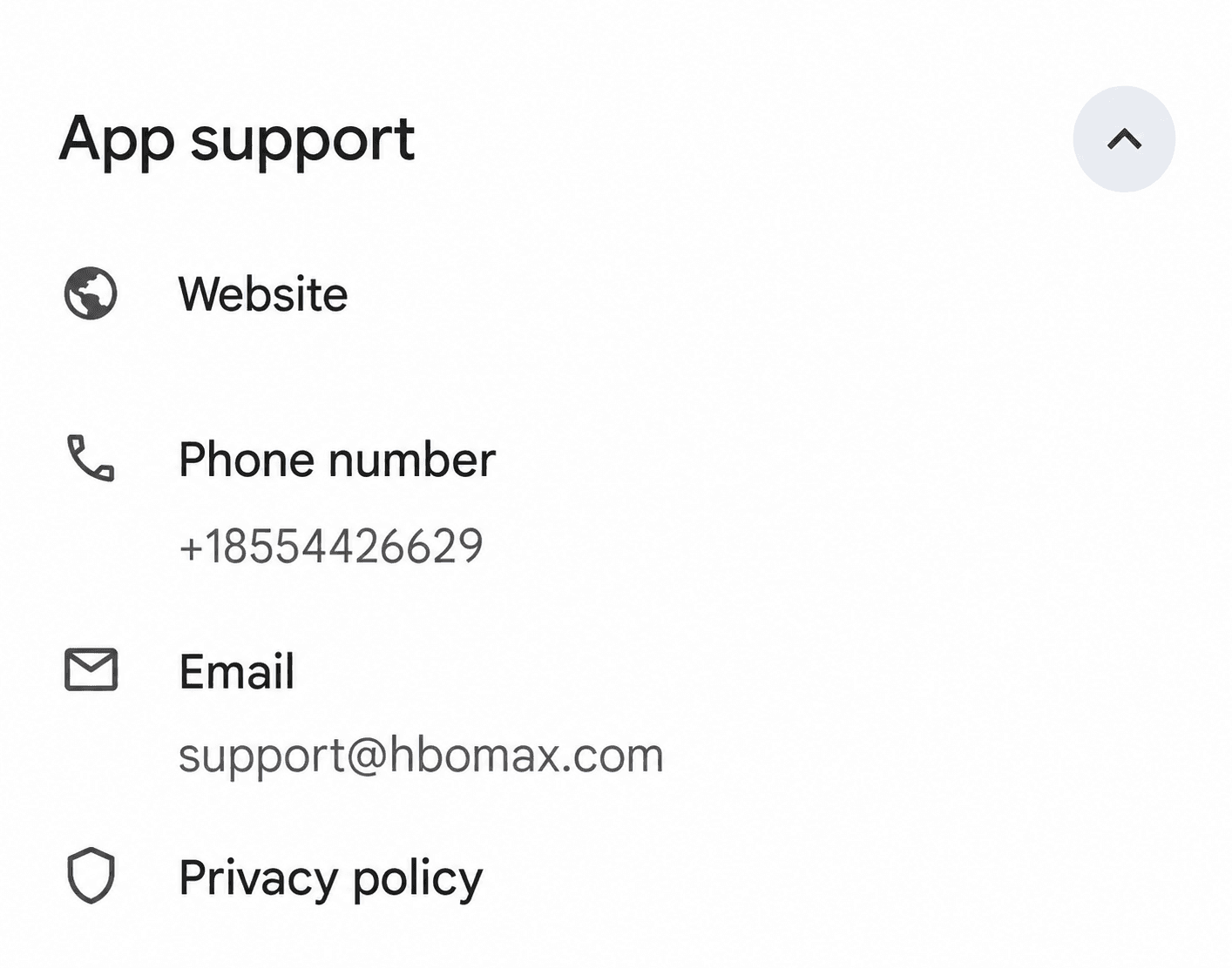 HBO Max App support section in Google Play showing website, phone and email contact options
