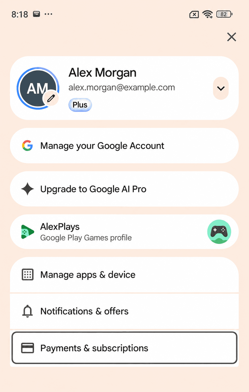 Google Play profile menu with fictional account details and Payments & subscriptions outlined