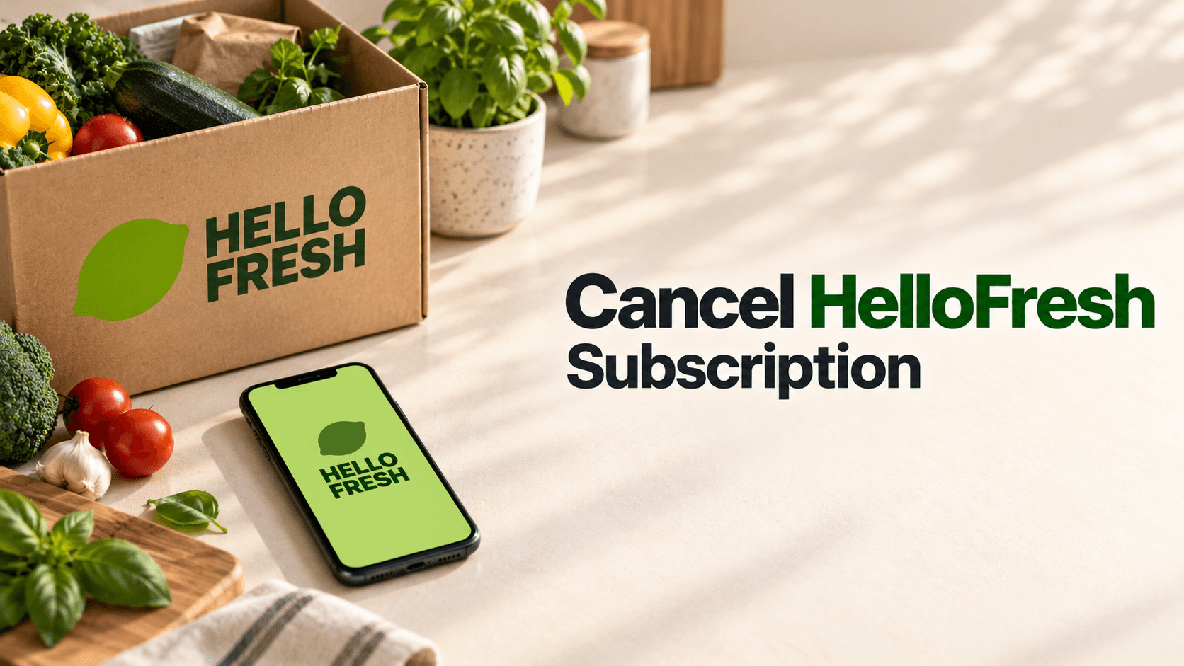 Cancel HelloFresh Subscription headline beside an illustrative meal-kit box, vegetables, and phone