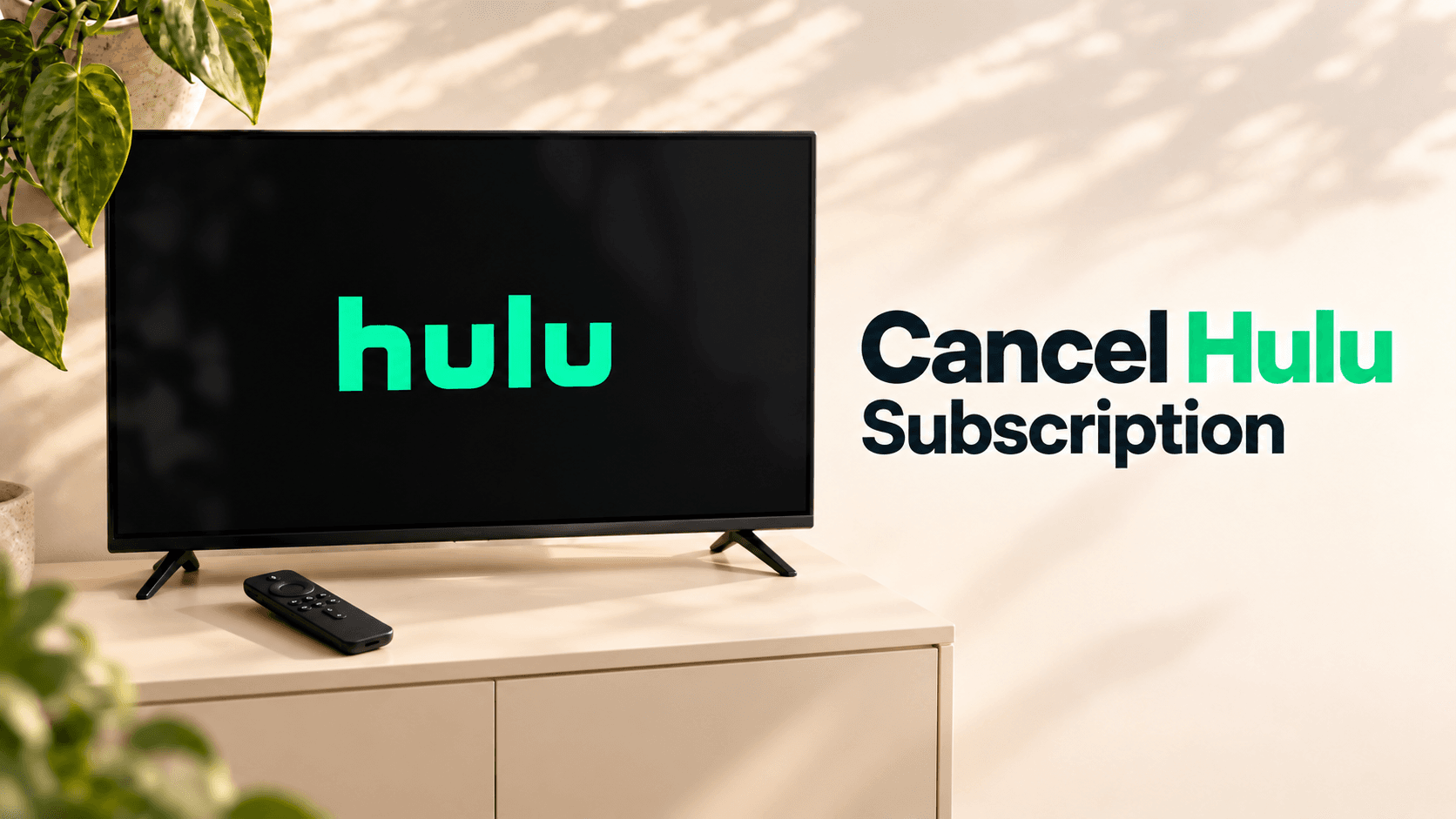 Cancel Hulu Subscription headline beside an illustrative television showing the Hulu wordmark and a remote on a cream console