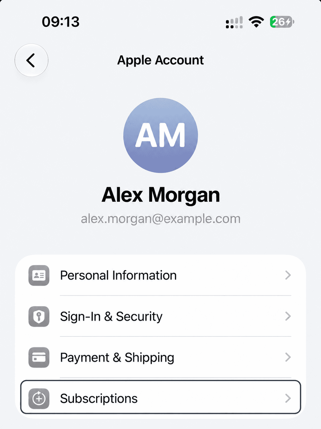 Apple Account screen with fictional account details and the Subscriptions row outlined