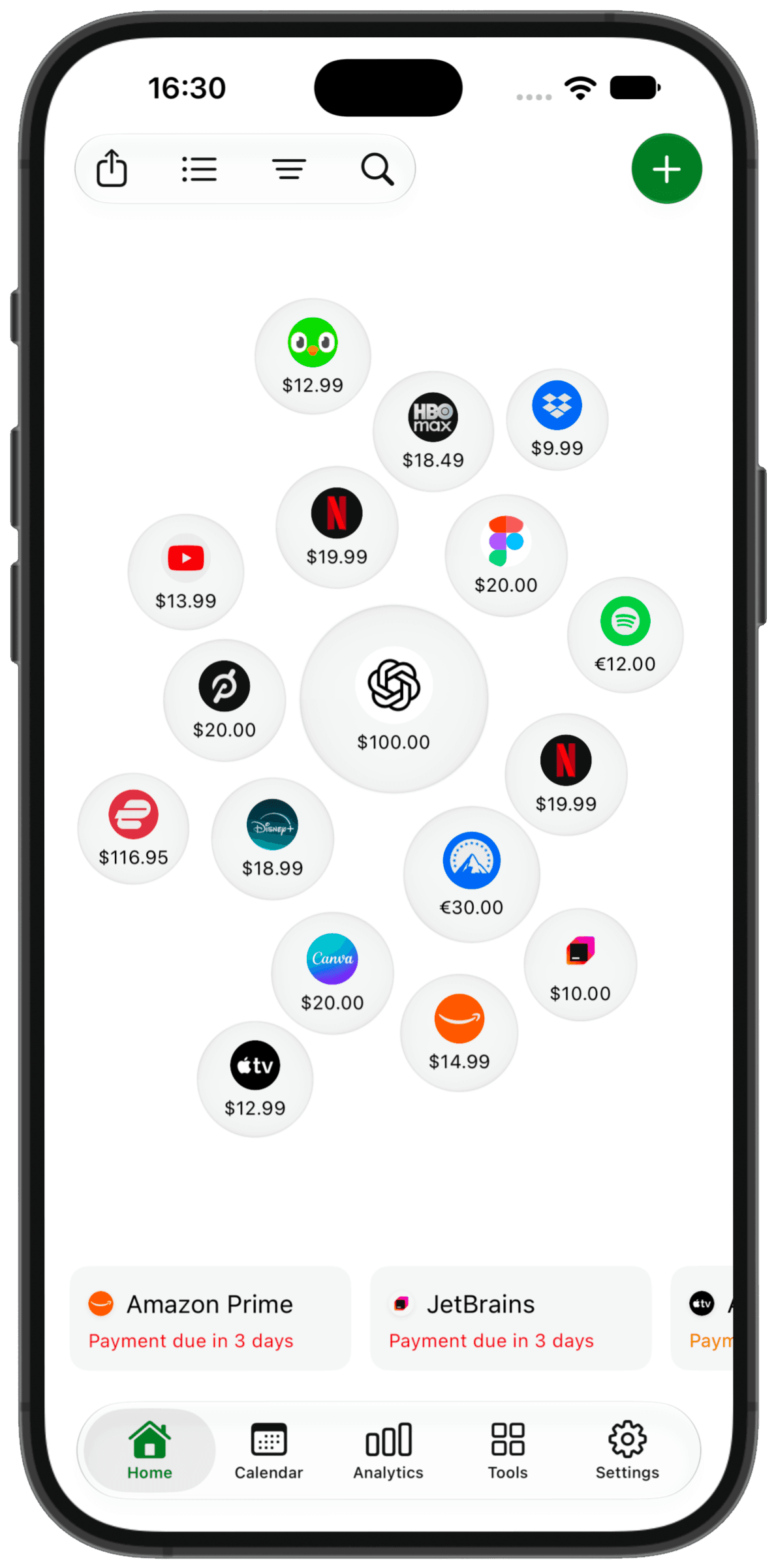 SubIQ app showing subscriptions, prices, and upcoming payment reminders