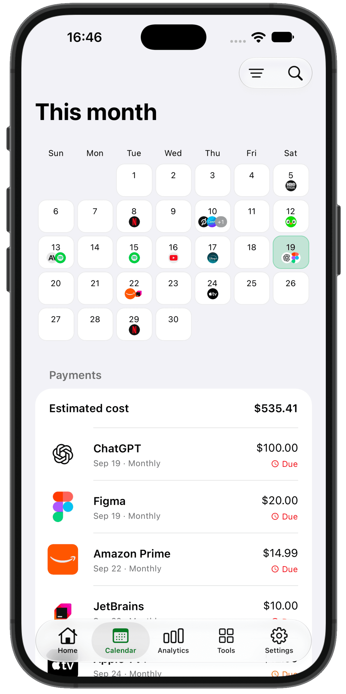 SubIQ calendar showing upcoming subscription payments and estimated monthly costs