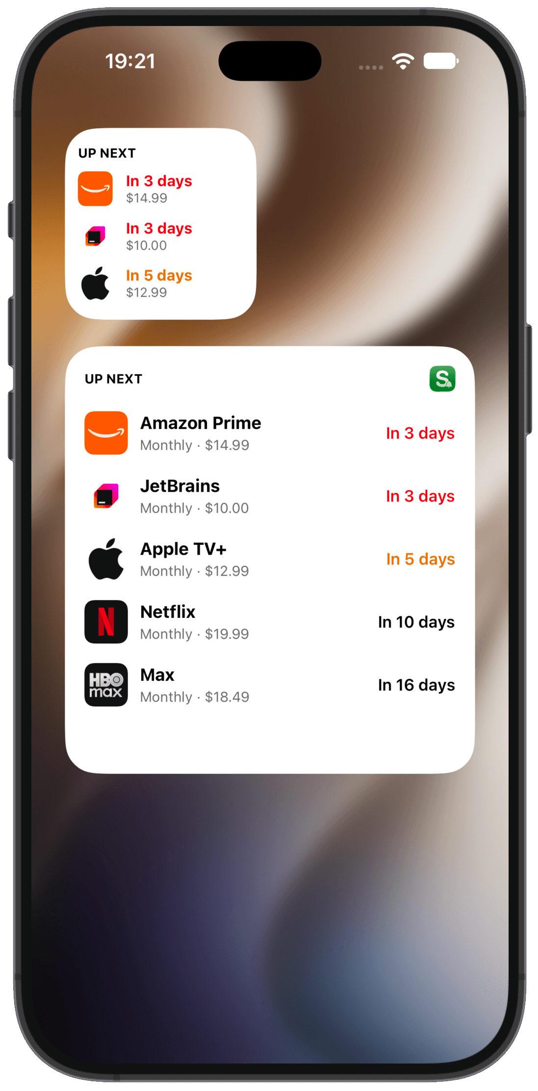 SubIQ Home Screen widgets showing upcoming subscription charges, prices, and days until renewal