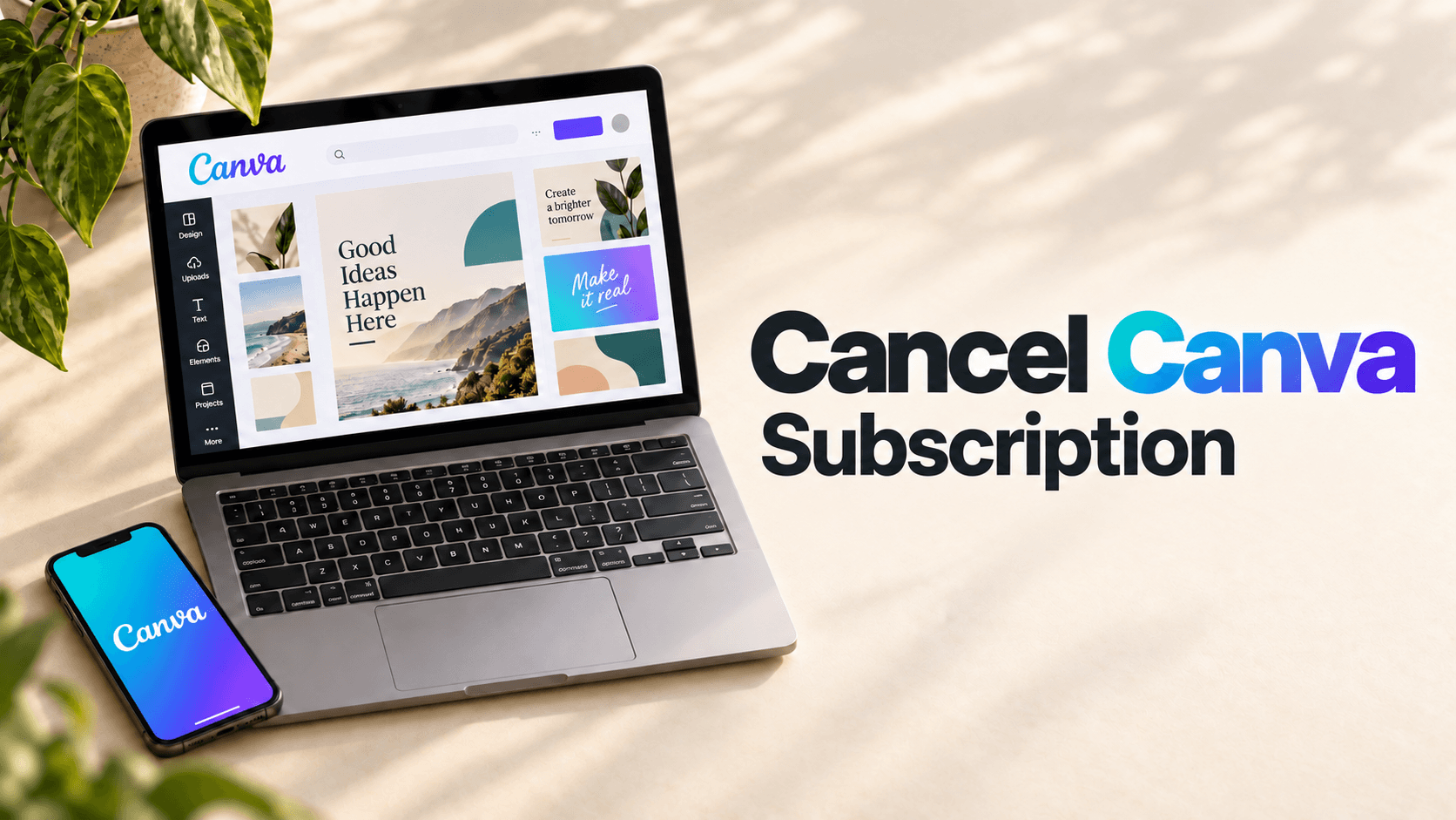 Cancel Canva Subscription headline beside an illustrative Canva laptop workspace and phone