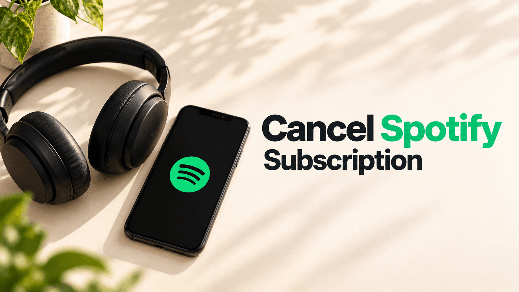 Cancel Spotify Subscription headline beside black headphones and a phone with an illustrative Spotify logo on a cream desk