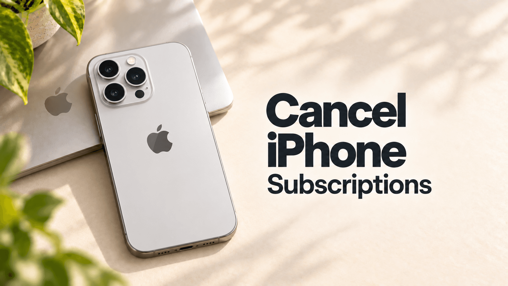 Cancel iPhone Subscriptions headline beside the back of a silver iPhone with the Apple logo